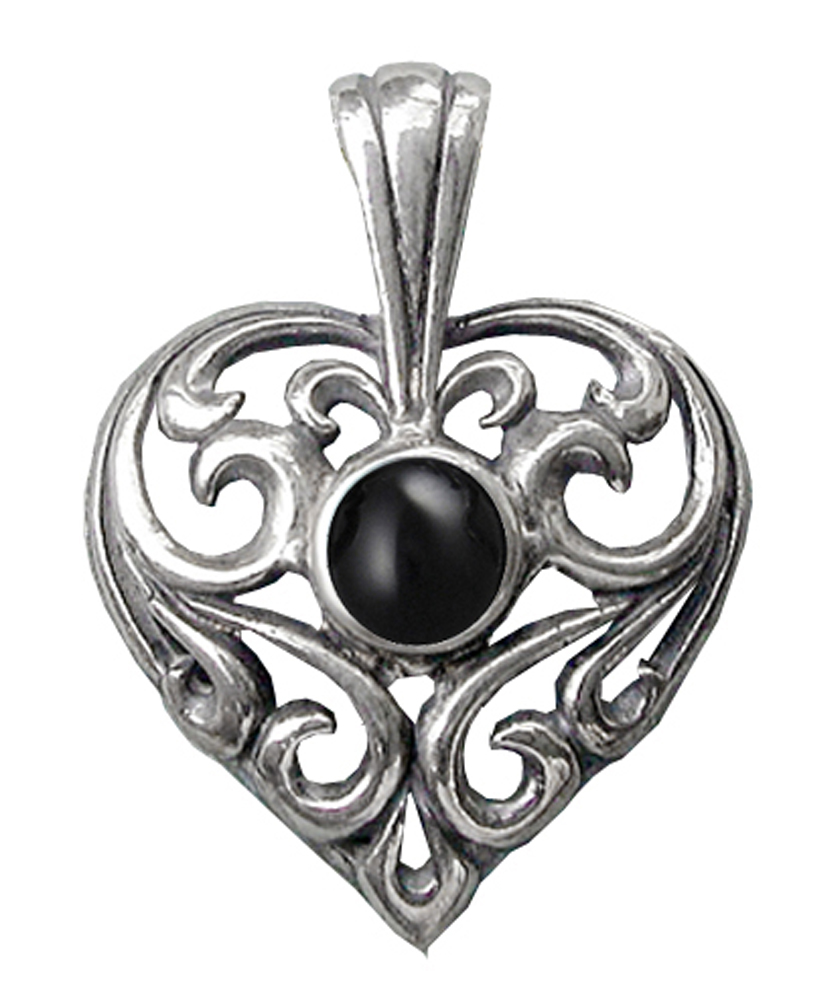 Sterling Silver Exceptional Filigree Heart Pendant With Black Onyx